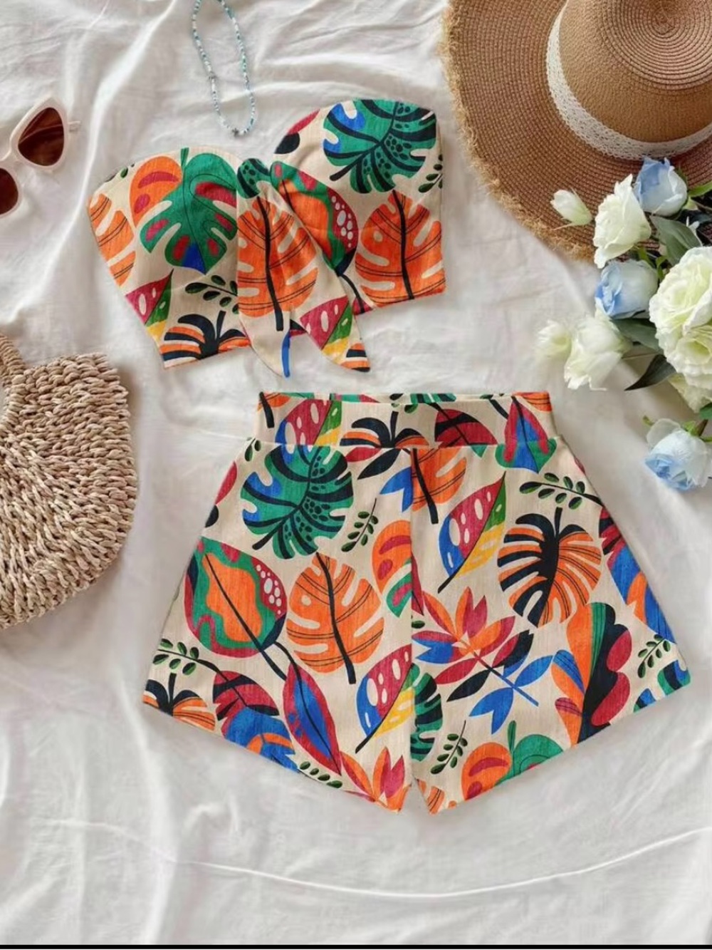 Shein size L NWOT beach set tropical vacation cover up shorts/crop top colorful